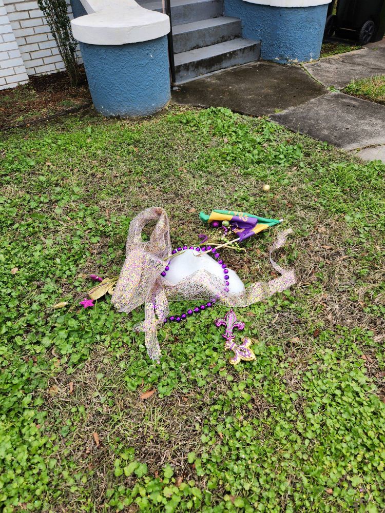 Mardi Gras decorations on grass around small white clump of remaining snow. 