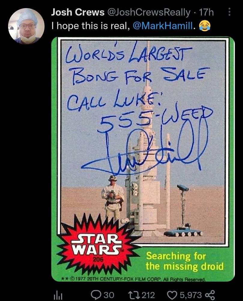 Screenshot of my tweet showing an image of a vintage star wars trading card signed by Mark Hamill with the inscription 
