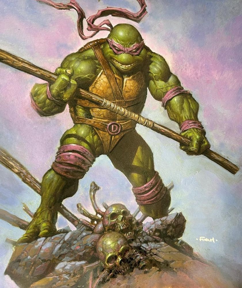 Incredible detailed painting of Donatello holding his staff and looking fierce.