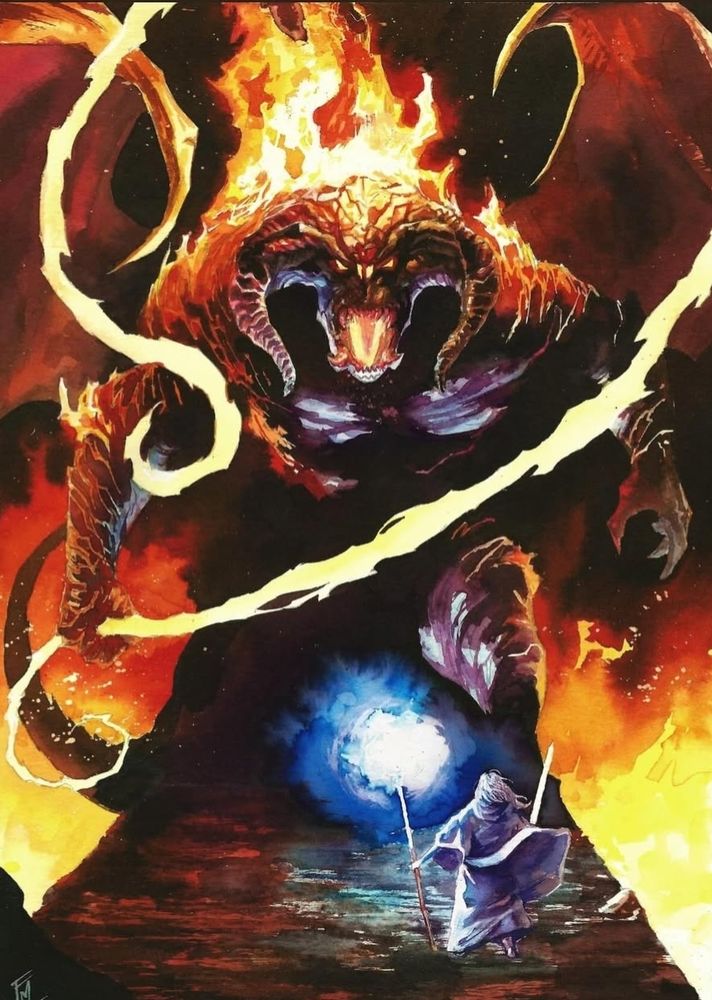 Painting of Gandalf squaring off with gigantic Balrog.