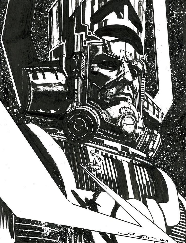 Cosmically epic illustration of Galactus in the stars with a small Surfer zooming in.