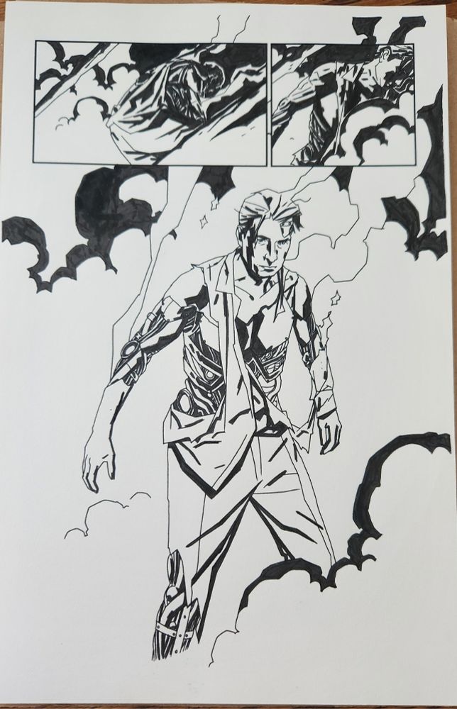 comic art board showing b&w inked art for a page of X-Files. Nearly a splash page of Mulder robot/cyborg something or other looking damaged. couple small panels inset up top but otherwise full splash. 