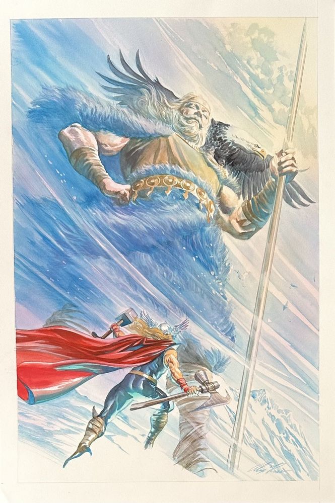 This is the original published main cover art to The Immortal Thor Issue 12 (June 2024) . It is painted in watercolor by Alex Ross on a piece of 13 5/8 X 20 1/3" illustration board.  This cover features both Thor and Tiwaz, the Utgard-Odin.