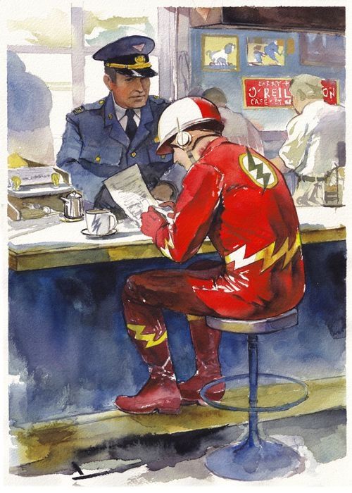 Another watercolor diner scene inspired by Rockwell. This time with Flash art counter. 
