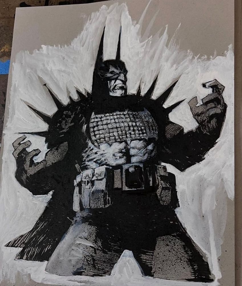 Black and white mixed media illustration of Batman, absolute style. 