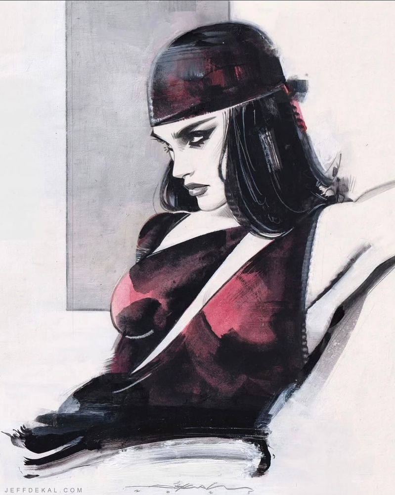 Mostly black and white drawing of Elektra from waist up and mostly profile. Pop of red with her costume but it's subdued. 