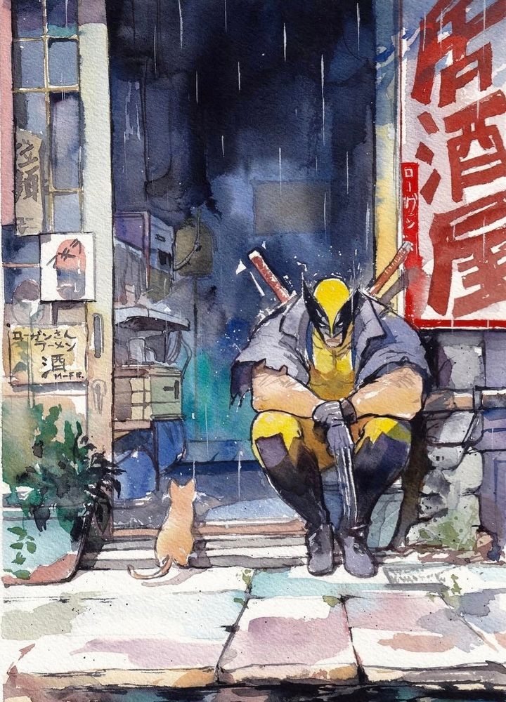 Watercolor illustration of Wolverine sitting kinda dejectedly on steps of small shop with rain coming down on him. Small kitty going in shop next to him. 