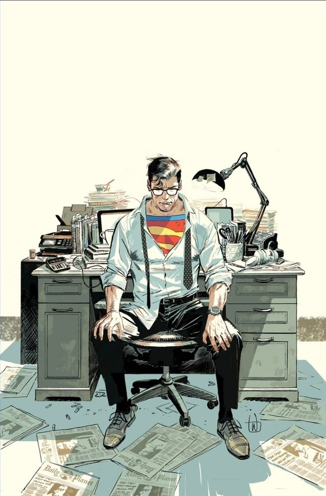 Color cover art iirc for Action Comics or Supes. Clark sits disheveled at his desk but turned away from it facing you. There are newspapers on floor around him. His shirt is open enough to expose a very good portion of the S. Clark is looking down and seems to be in deep thought. 