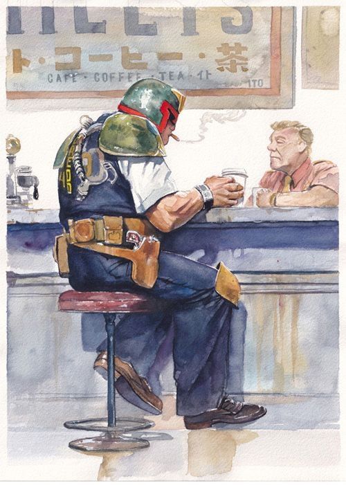 Watercolor of Dredd sitting at diner counter having a cup of coffee or something. Rockwell vibe. 