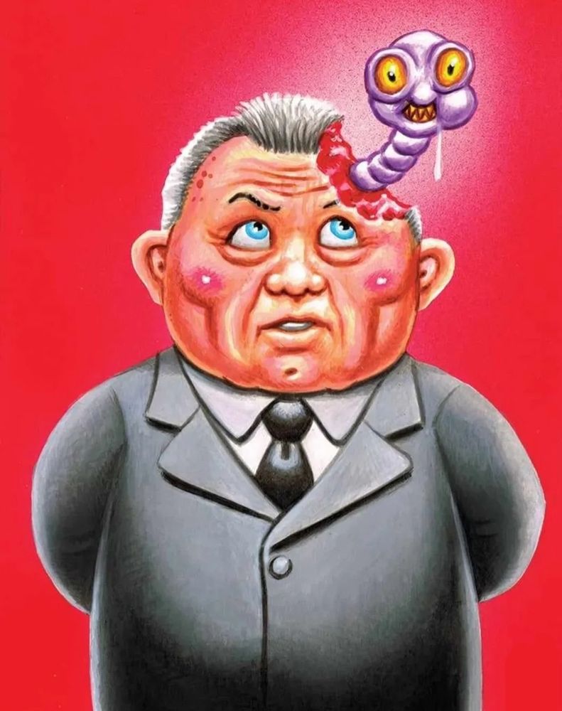 Garbage Pail Kids style painting of RFK Jr with a worm eating his way out of the idiot's skull. 