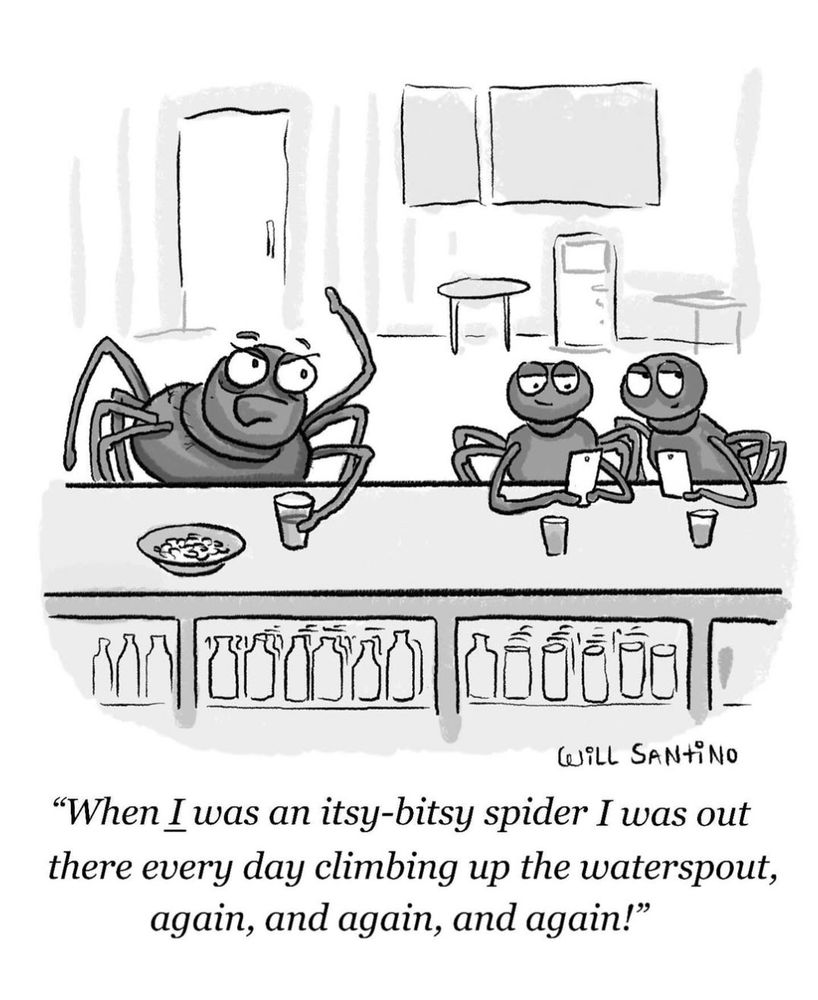Cranky old big spider by himself at bar while a couple of young small spiders are a little further down the bar. The old spider is gesticulating at them. Caption reads: 