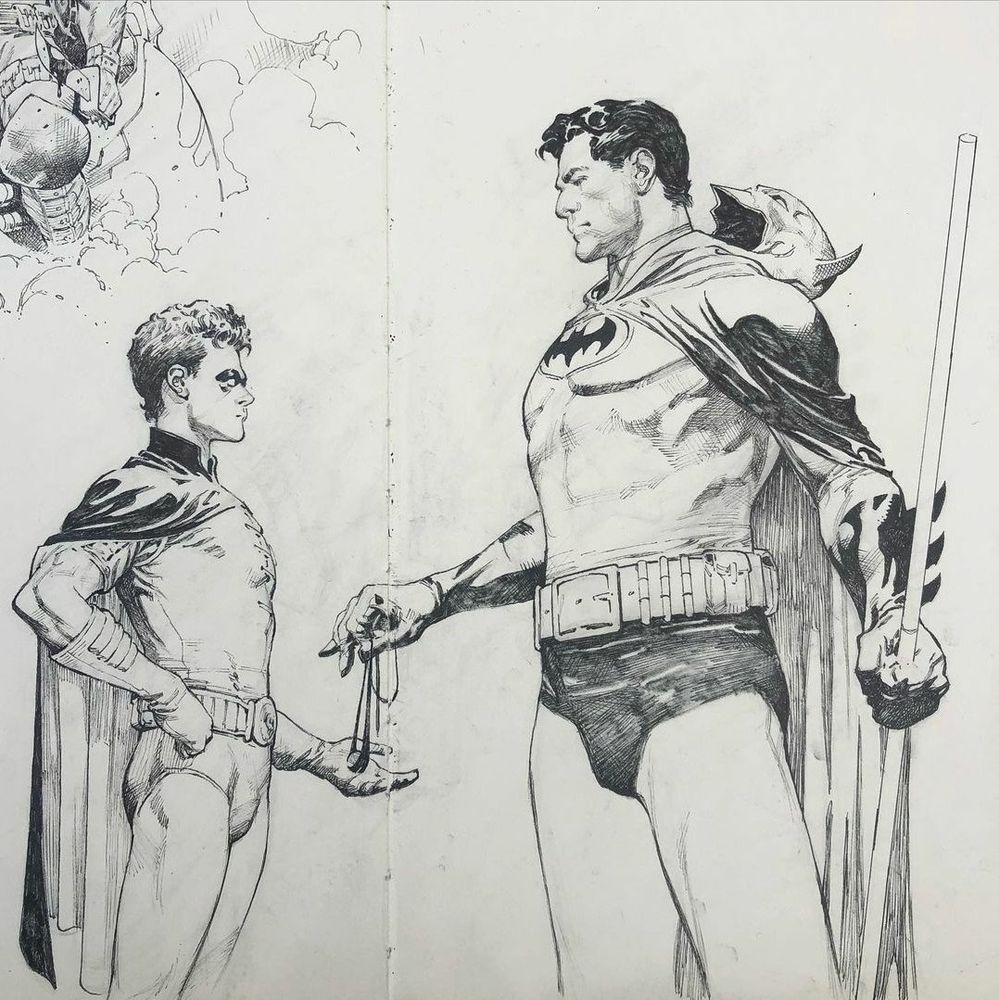 Sketchbook page showing Tim Drake Robin on left and Bruce on right dressed as Bats but with cowl pulled back. 