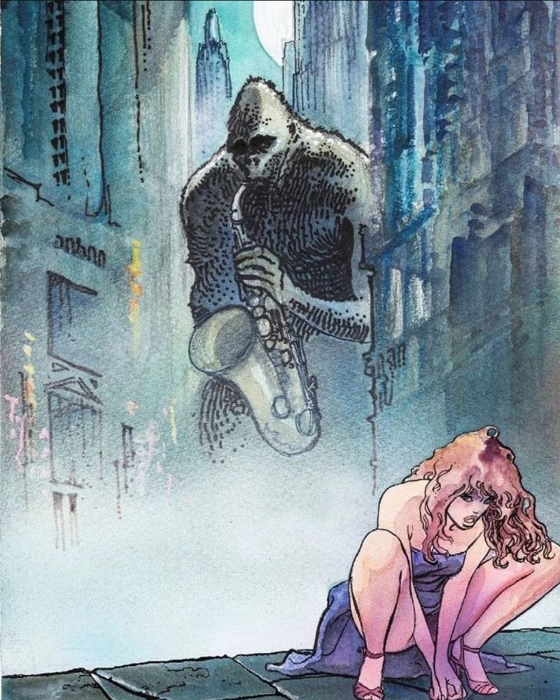 Color illustration of Kong playing a big old sax! 