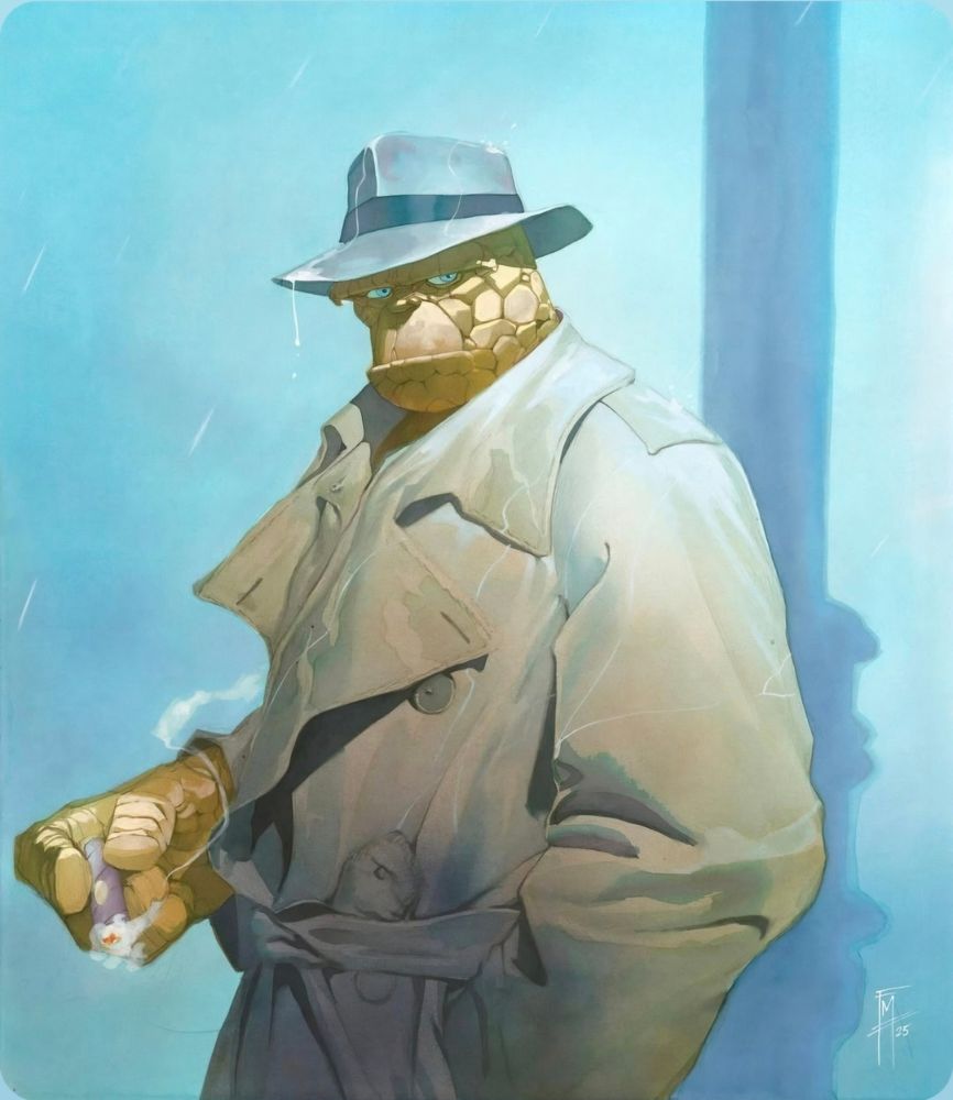 Beautiful watercolor illustration of Ben in trenchcoat and hat in the rain. You know, the good stuff. 