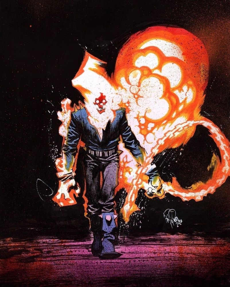 color illustration of marvel's ghost rider walking your way with chain of fire whipping around
