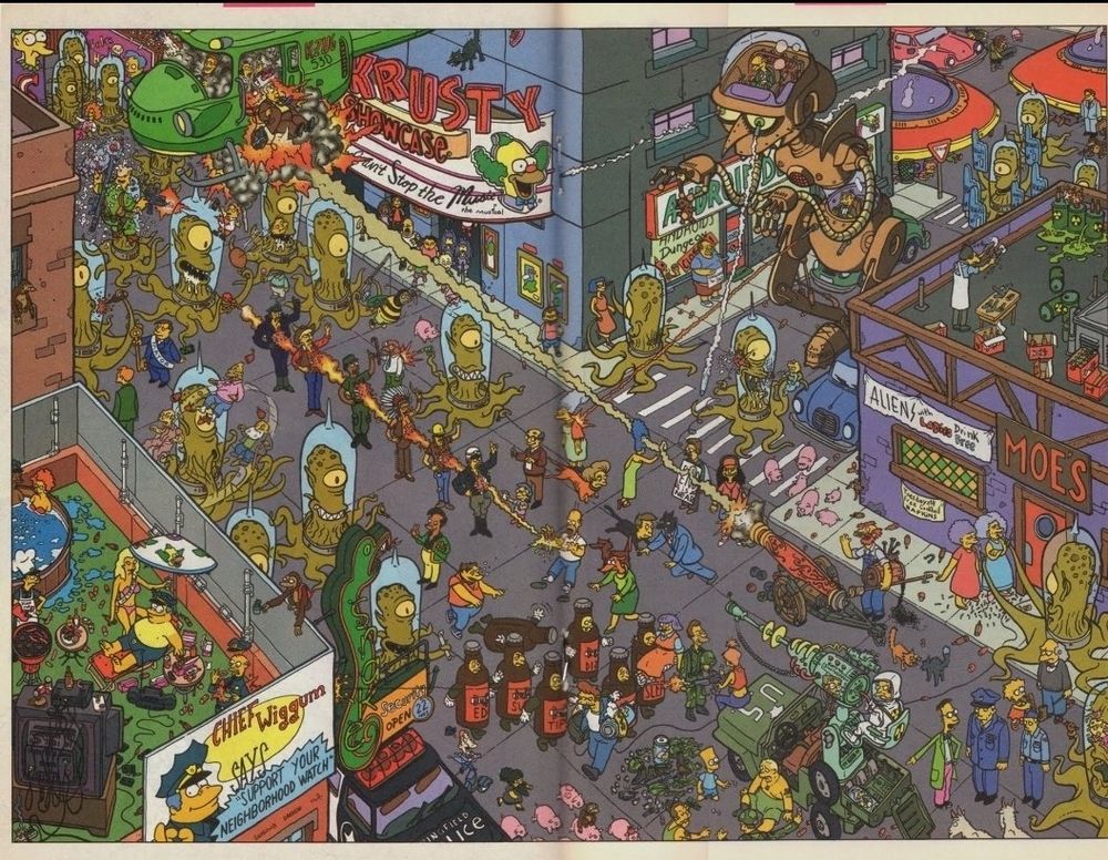 Large double page spread showing alien invasion in Springfield. There's a lot happening.