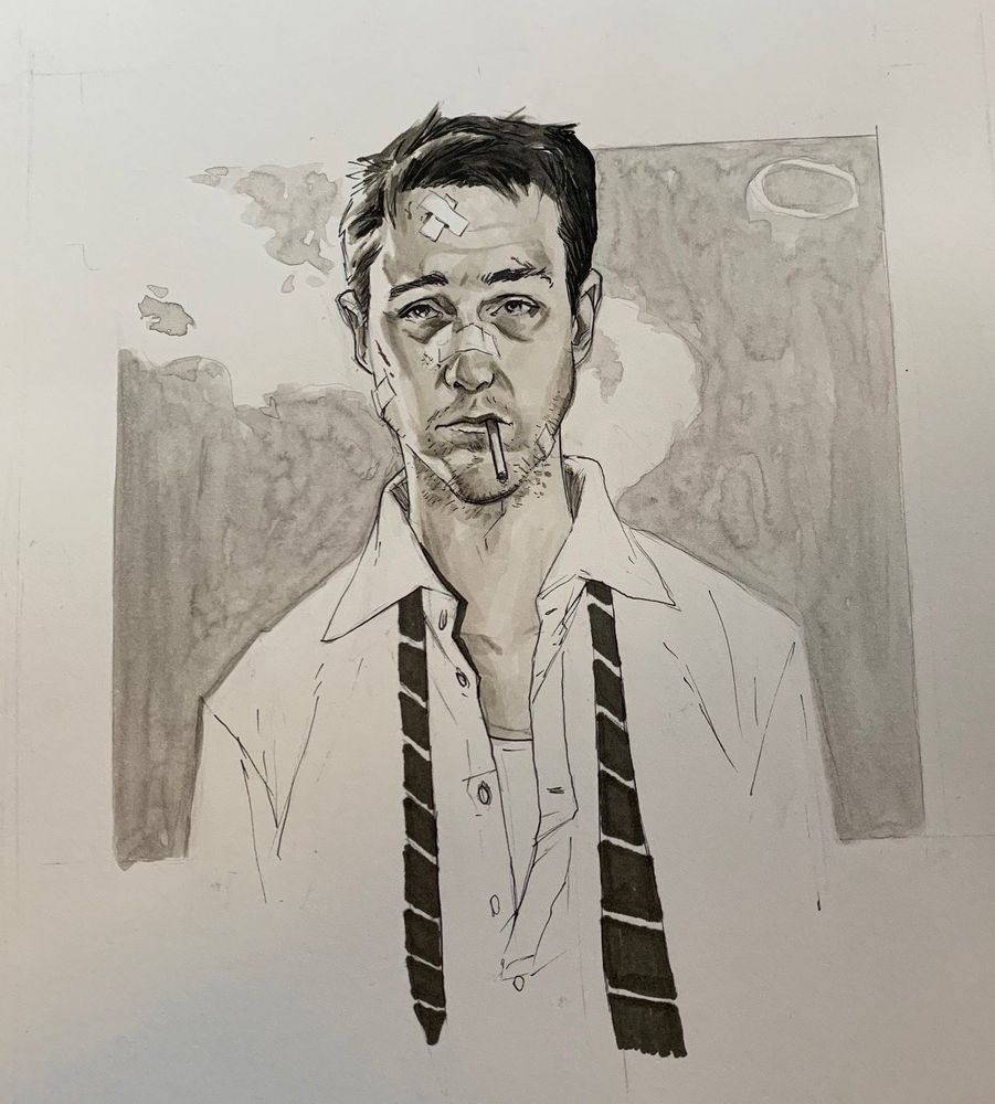 Black and white bust drawing of Ed Norton in Fight Club. Tie undone, shirt unbuttoned, cig in mouth, looking banged up. 