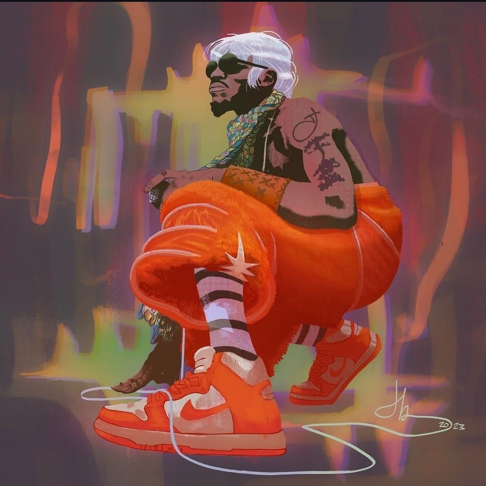 Color illustration of Andre 3000 of Outkast and solo work. He's squatting and facing to left. Wearing big loose orange pants, orange & white jordans, white socks with black stripes disappearing into pant legs that stop a few inches below knee. His right foot is kinda behind him while his weight is on his forward left foot. His right hand is on the ground and his left arm rests on his left thigh. You see a white wig, sunglasses, and tattoos. There is some abstract color stuff as a background. 