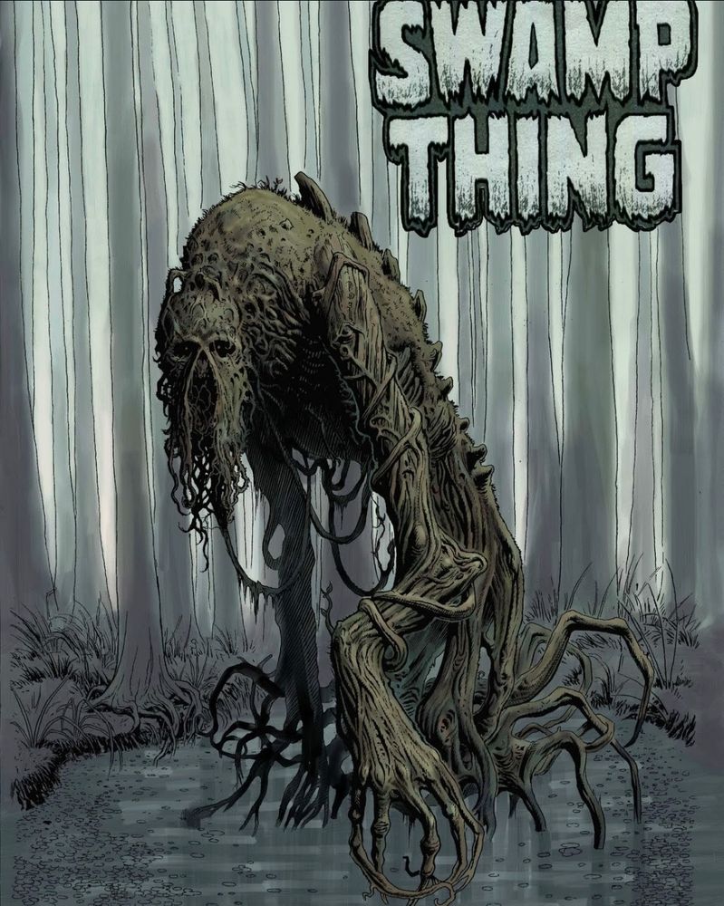 Color illustration of Swampy in swamp. Swamp Thing logo added too.