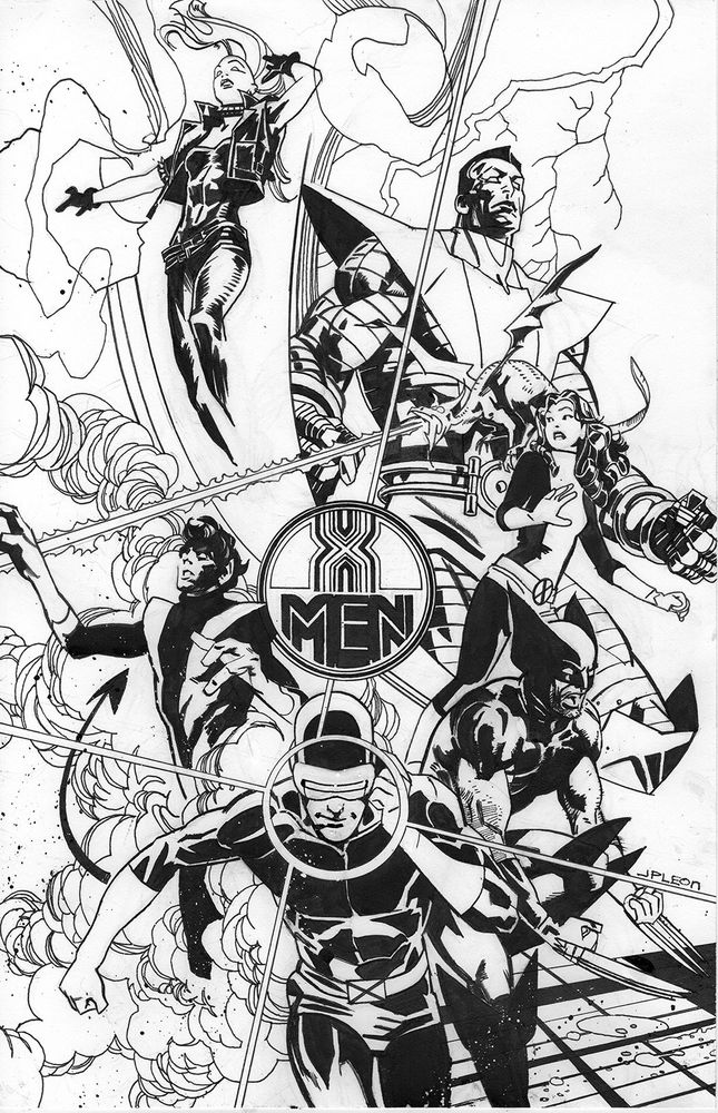 11x17 b&w cover quality commission of 80s X-Men. Cyclops is is foreground. Above him is a beautiful custom X-Men logo JPL did. Surrounding the logo going around the board you'll also find Wolverine, Nightcrawler, Kitty and Lockheed, Colossus, and Mohawk Storm flying up top. 