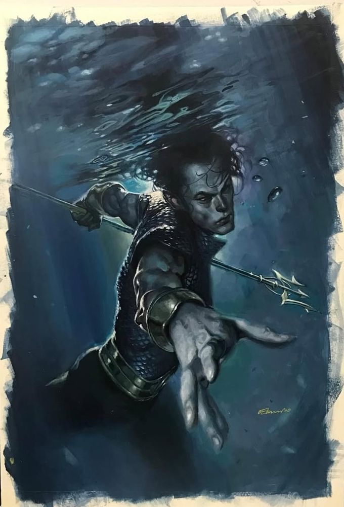 Beautiful painted cover art of Namor underwater swimming towards you. His right arm reaches towards you in the foreground, almost coming off the paper. His left arm is reared back with a trident spear.