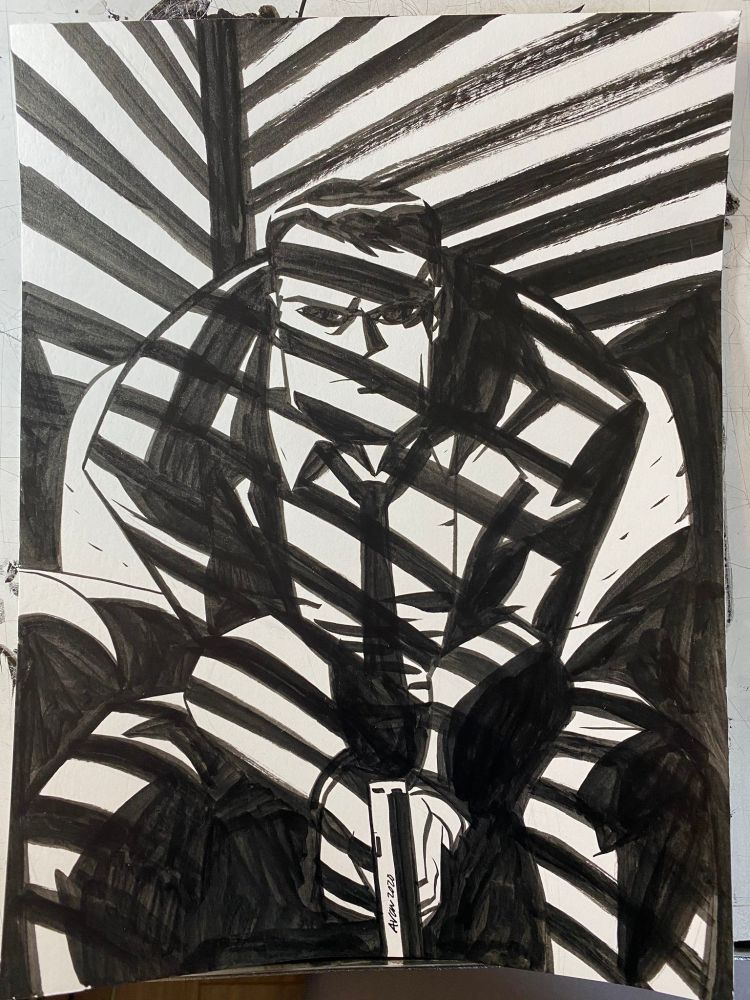 Lovely black and drawing of a broad shouldered clean cut white man in a suit sitting in a chair hunched forward a little holding a pistol with both hands. Very determined look on his face. There's slatted shadows crossing him like from blinds. Masterful work by Mike. Not mine but I wish it was. 