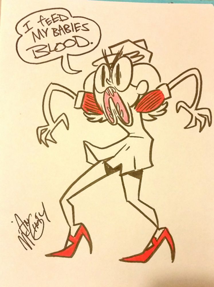 Sketchbook page showing cartoony Night Nurse looking kinda scary and the word balloon says "I fEED MY BABIES BLOOD."