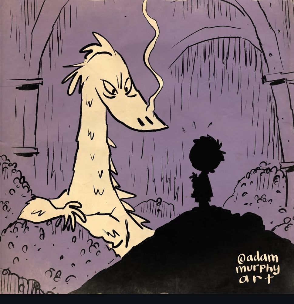 This hobbit x peanuts tile shows Smaug lighted in the background  resting on his hoarde while a wisp of smoke trails up from his nostrils. In the foreground on a pile of treasure that's in dark shadow your see the silhouette of a peanuts looking Bilbo.