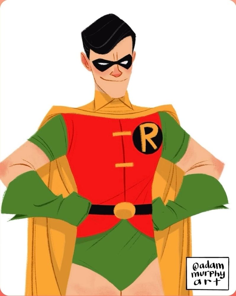 Color illustration of the boy wonder with fists proudly on hips. 