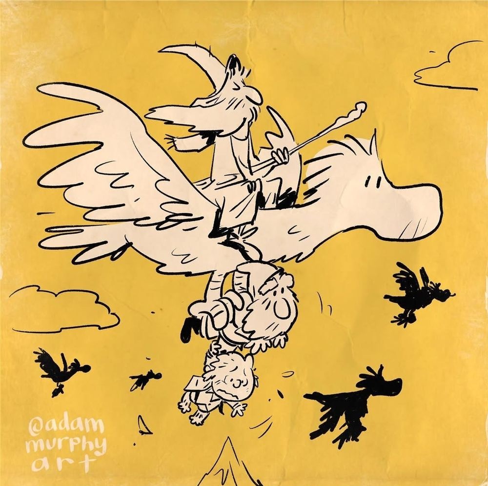 Another peanuts x hobbit tile. This one with Woodstock inspired eagles rescuing Gandalf and gang. There are a few of the eagles in silhouette in the background and in the foreground there's a larger more detailed Woodstock eagle with Gandalf riding and holding a dwarf and hobbit in it's claws. 
