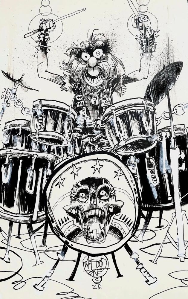 Black and white drawing of Animal from The Muppets at the drum set.