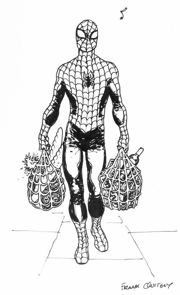 Spidey walks down sidewalk whistling. He's got a webbing "bag" of groceries in each hand. 