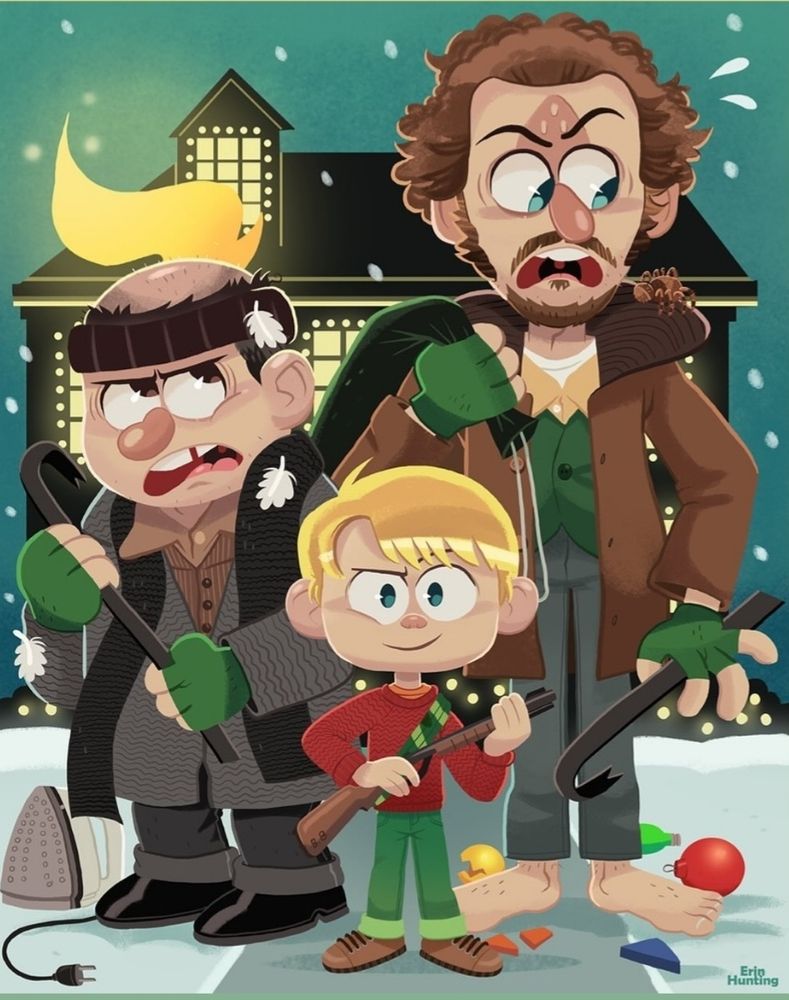 Color illustration showing large house in background. On a snowy foreground stands Harry on left and Marv on right with Kevin center front. Harry is holding a crowbar and his eyes are looking up towards top of his head where there's a flame. There's an iron on ground next to him. Marv has the iron mark on his face and is barefoot in some broken ornaments. Kevin is holding a bb gun and smirking like "I wish you would try me."