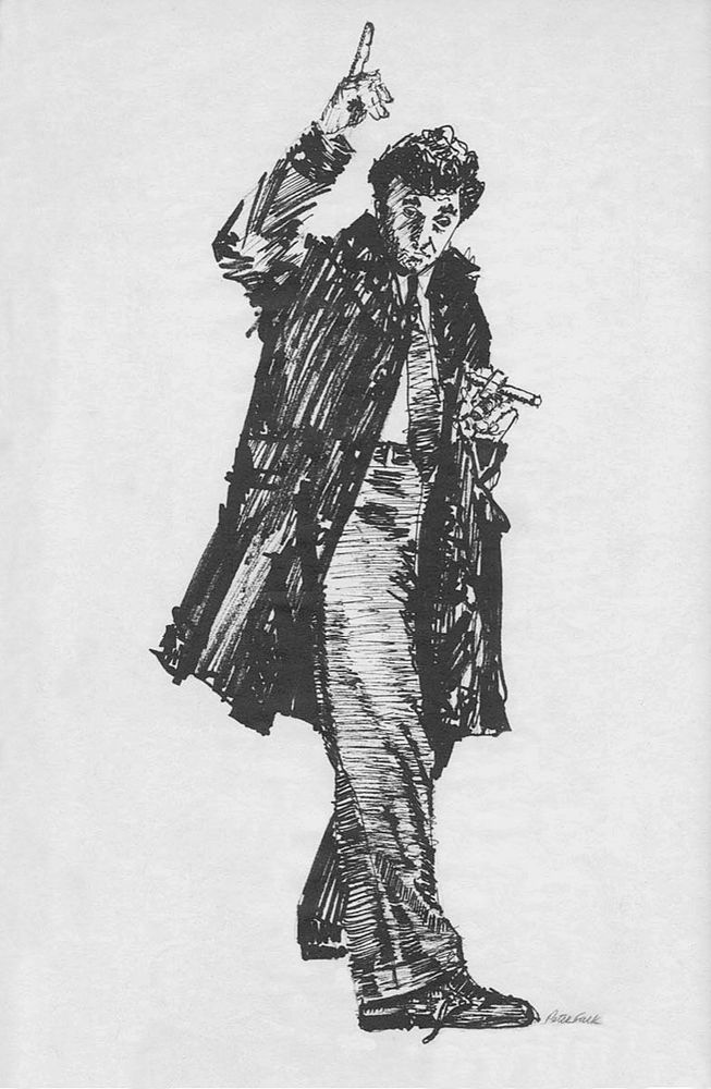 Columbo waving and has cigar in other hand. 