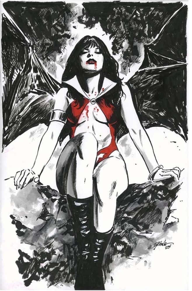 Black and white illustration of Vampi with just enough red.