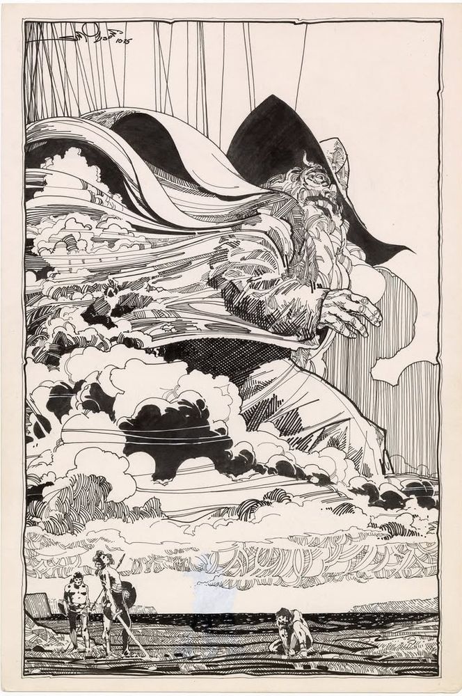 Grand scale drawing of large god fogure walking by