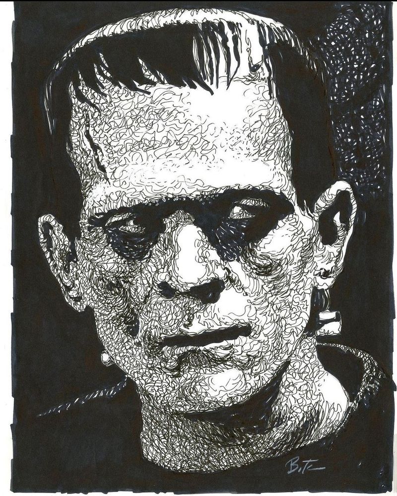 B&W headshot of classic Frank. It's not drawn in a style you usually see from Bruce Timm. It's done in that style where's its a bunch of squiggly lines all over forced into context by a master artist. 