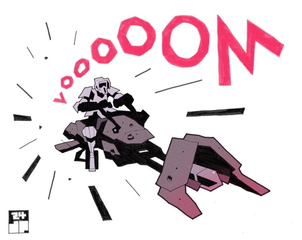 Star Wars Scout Trooper on "bike" and it has sfx voooom above