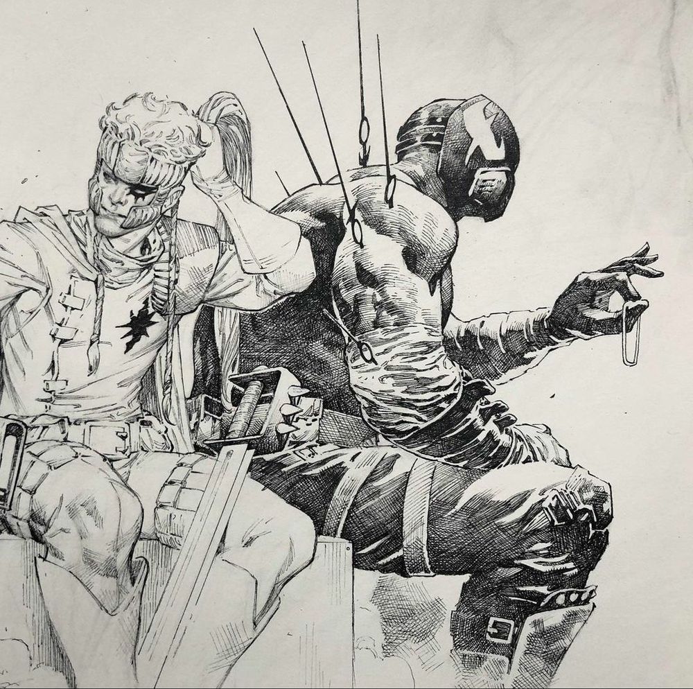 Sketchbook page showing black and white drawing of Shatterstar sitting on left kinda facing you but a little to the right. To his right sits Grendel Prime facing right. 