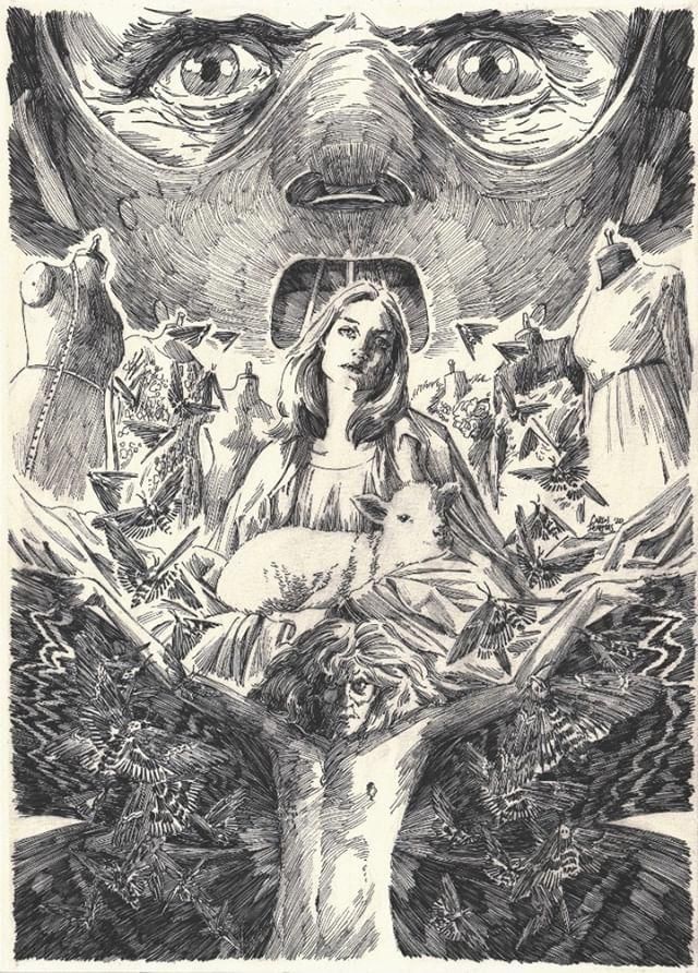 Black and white pencil drawing inspired by Silence of the Lambs. Background up top has a looming Hannibal in mask. Bottom has Buffalo Bill naked from waist up opening his gown. Middle has Clarice and a lamb surrounded by don't of dressmaker mannequins they use to work on. 