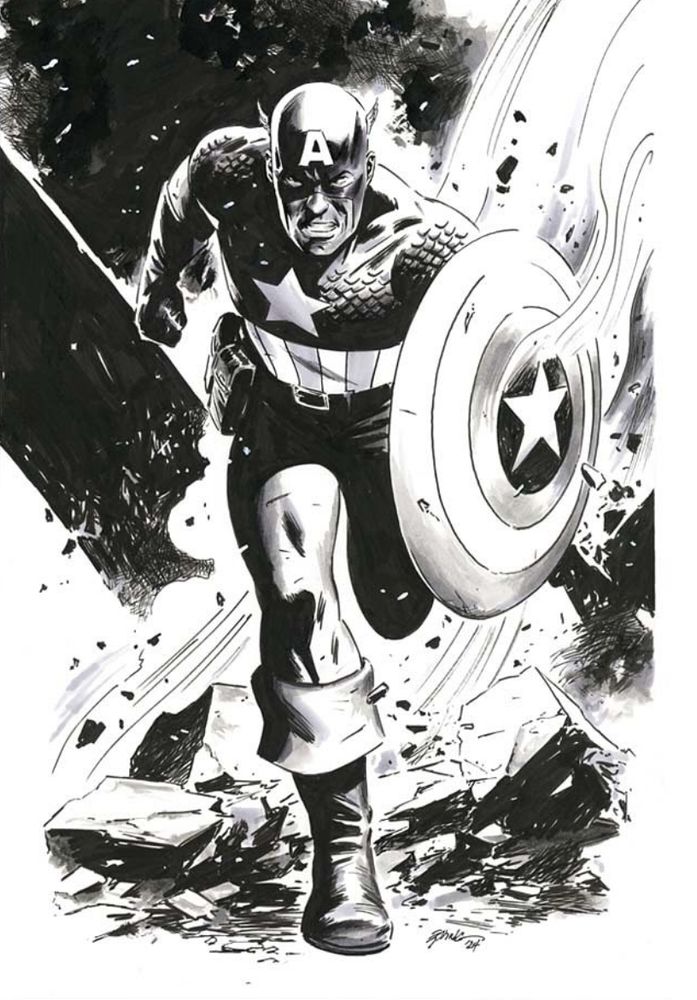 Black and white illustration of Cap running towards you like out of a damaged building or something. He's running with shield on left arm. Very determined look on his face. 