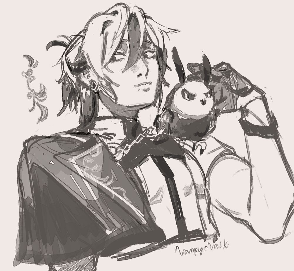 An illustration of the character Rei from the game Nu:Carnival. Father the owl is on his shoulder.