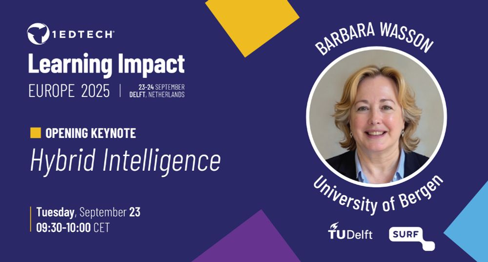 Photo of Barbara Wasson, a white woman with blonde curly hair, advertising her talk on hybrid Intelligence at Learning Impact Europe.