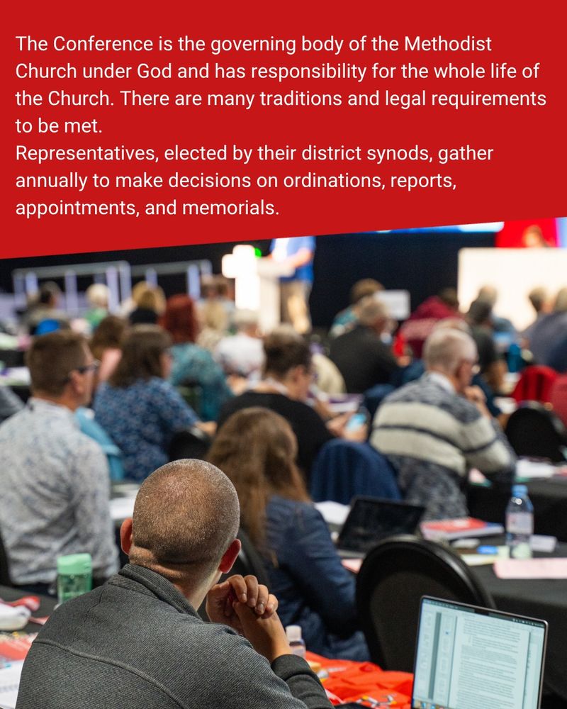 On the lower half of the graphic is a photo of conference representatives sat facing forwards in rows. Text above them reads 'The Conference is the governing body of the Methodist Church under God and has responsibility for the whole life of the Church. There are many traditions and legal requirements to be met. 

Representatives, elected by their district synods, gather annually to make decisions on ordinations, reports, appointments, and memorials.'