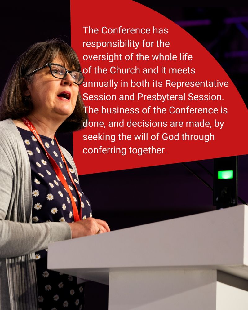 Text next to a person speaking at the lectern reads 'The Conference has responsibility for the oversight of the whole life of the Church and it meets annually in both its Representative Session and Presbyteral Session. The business of the Conference is done, and decisions are made, by seeking the will of God through conferring together.'
