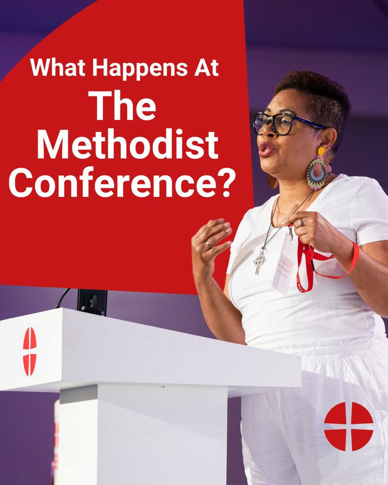 White text reads 'what happens at the Methodist Conference?' with an image of a person speaking at the lectern. 