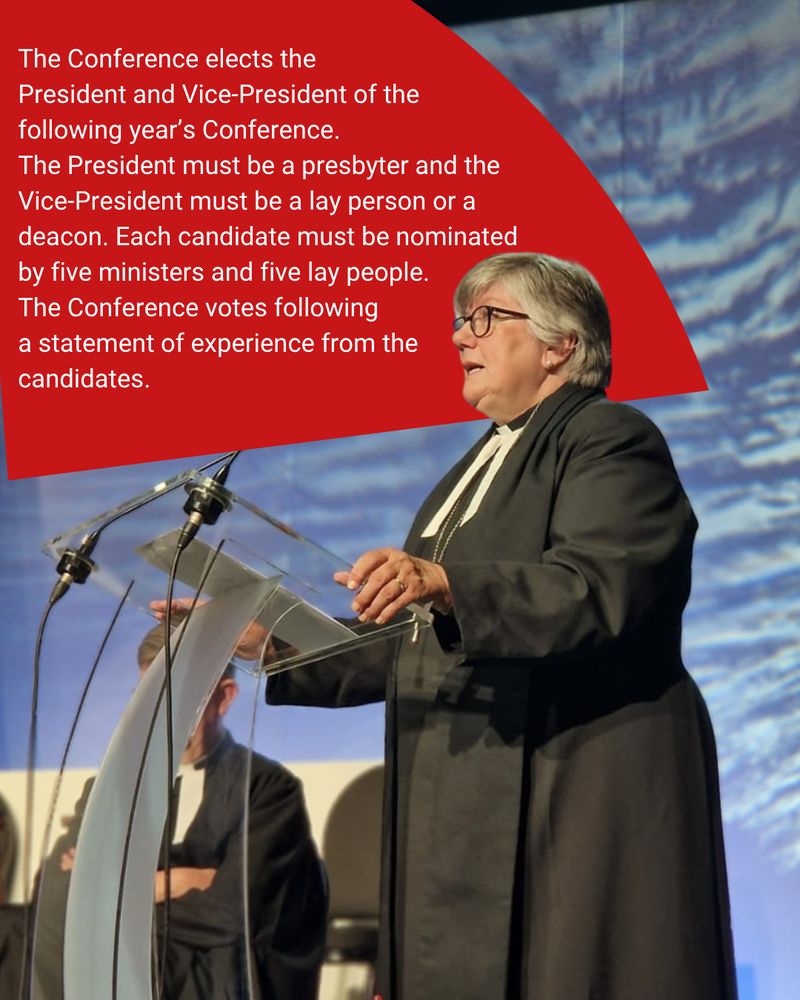 To the left of the President of the Methodist Conference 2024/2025 speaking at the lectern, text reads 'The Conference elects the President and Vice-President of the following year’s Conference. The President must be a presbyter and the Vice-President must be a lay person or a deacon. Each candidate must be nominated by five ministers and five lay people. The Conference votes following a statement of experience from the candidates.'
