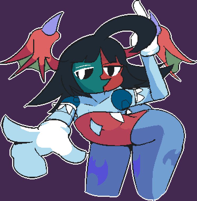 Dipsy Down, a metallic puppet thing with split green and red face paint, dressed up as Lillith from Darkstalkers.