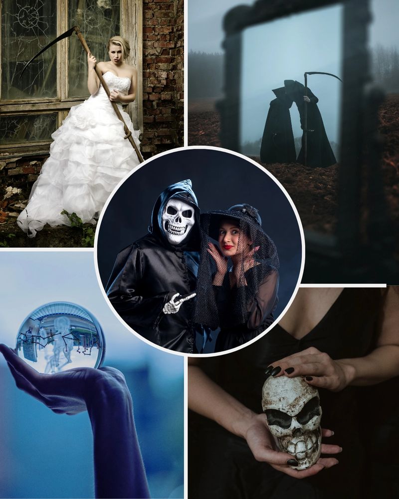 Mood board with pictures including a girl holding a scythe, a clear glass globe in a hand, a reaper looking into a mirror, hands holding a skull, and a teenage girl in black with a skeleton in a black robe.