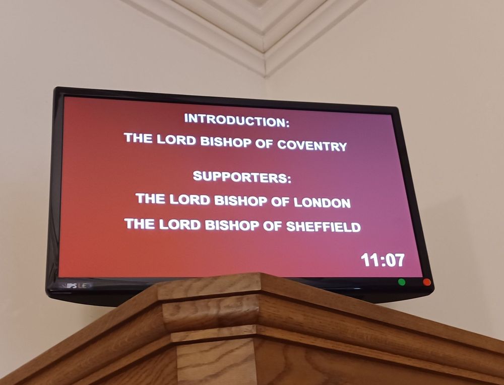 Screen showing the introduction of the Bishop of Coventry and her supporters, the Bishops of London and Sheffield